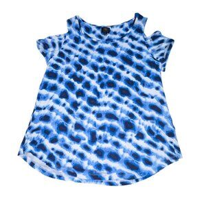JM Collection cold-shoulder top with a blue and white print-L-GUC